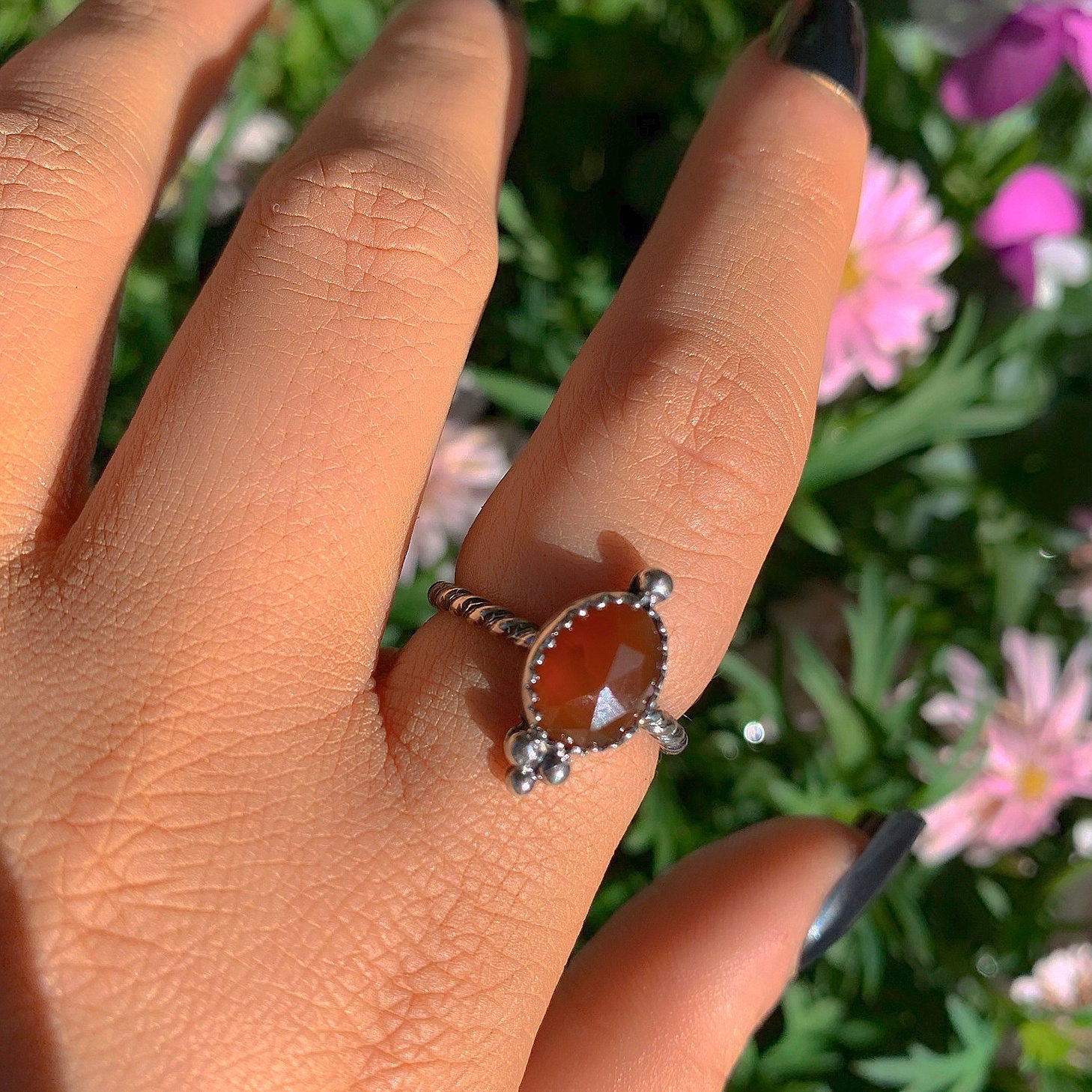 Rose Cut Carnelian Ring - Size 7 - Sterling Silver - Orange Carnelian Jewelry - Faceted Carnelian Jewellery - Dainty Red Carnelian Jewelry