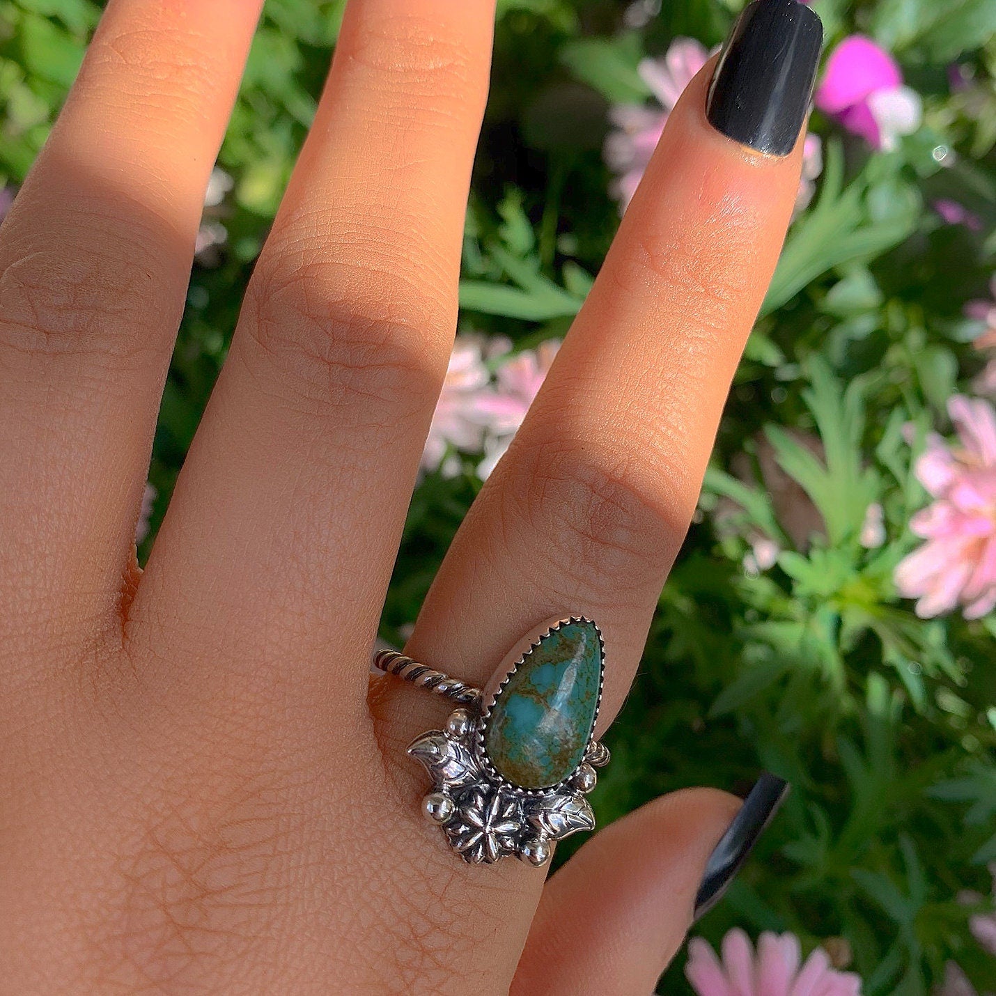 King's Manassa Turquoise Ring - Size 10 - Sterling Silver - Aqua Turquoise Jewelry - Real Turquoise - Green Turquoise Flower Leaf Ring OOAK