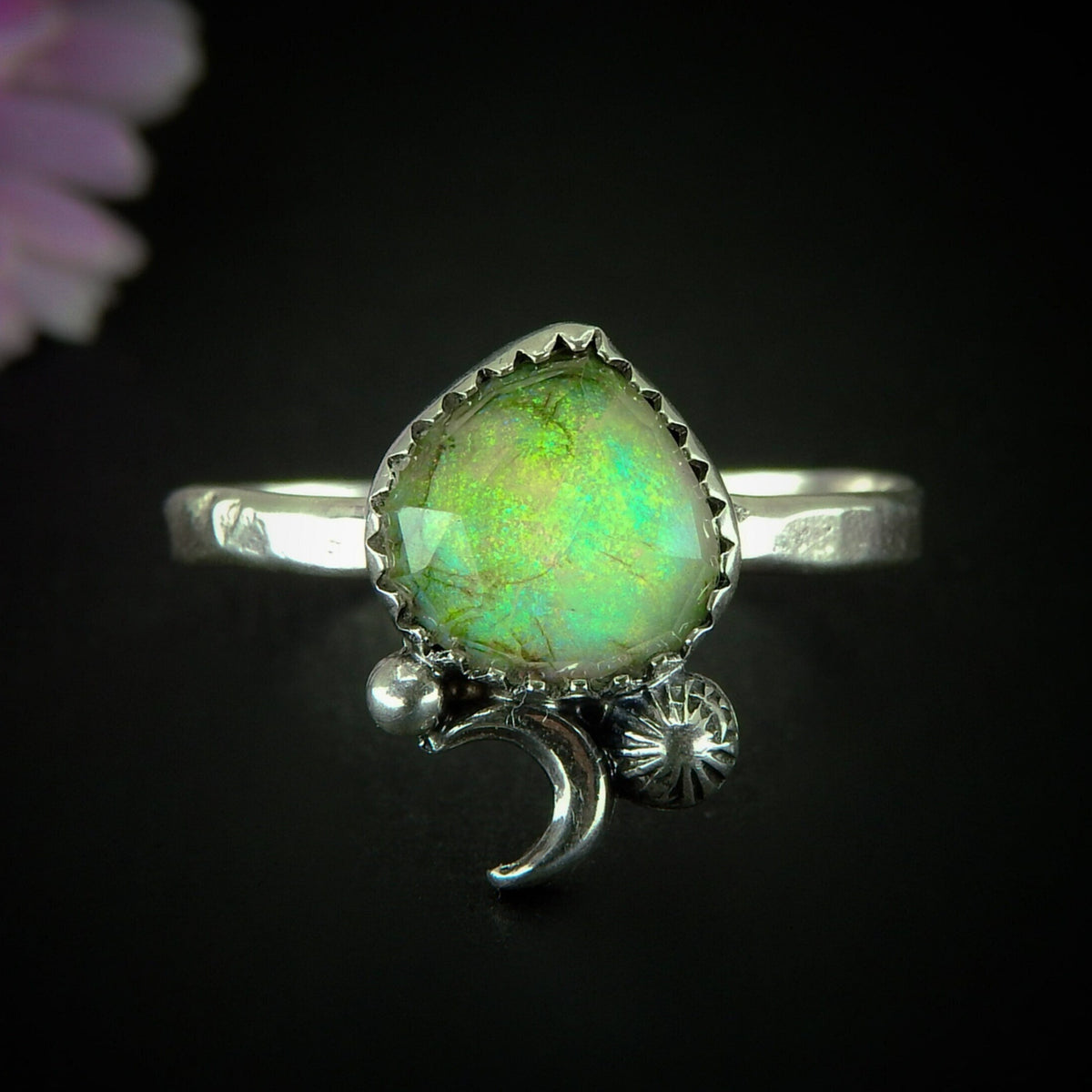 Rose Cut Clear Quartz & Monarch Opal Ring - Size 13 1/2 - Sterling Silver - Rainbow Opal Jewellery - Sterling Opal Crescent Moon Ring - OOAK