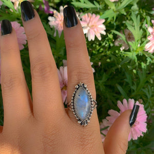 Marquise Moonstone Ring - Size 9 - Sterling Silver - Rainbow Moonstone Jewelry - Flashy Moonstone Jewellery - Crescent Moon Ring Celestial