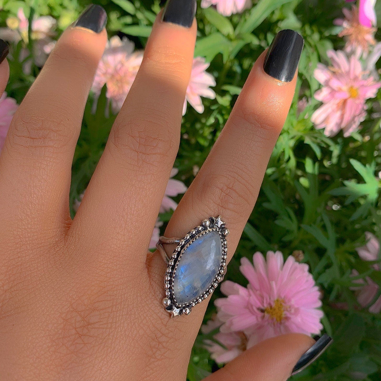 Marquise Moonstone Ring - Size 9 - Sterling Silver - Rainbow Moonstone Jewelry - Flashy Moonstone Jewellery - Crescent Moon Ring Celestial