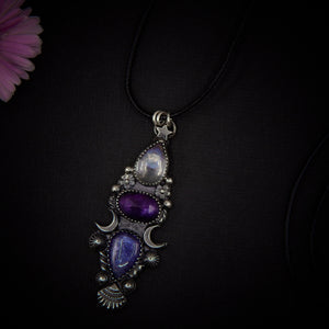 Rose Cut Angel Aura Quartz, Amethyst and Tanzanite Pendant - Sterling Silver - Triple Stone Moon Pendant - Star Tanzanite Amethyst Necklace