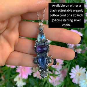 Rose Cut Angel Aura Quartz, Amethyst and Tanzanite Pendant - Sterling Silver - Triple Stone Moon Pendant - Star Tanzanite Amethyst Necklace