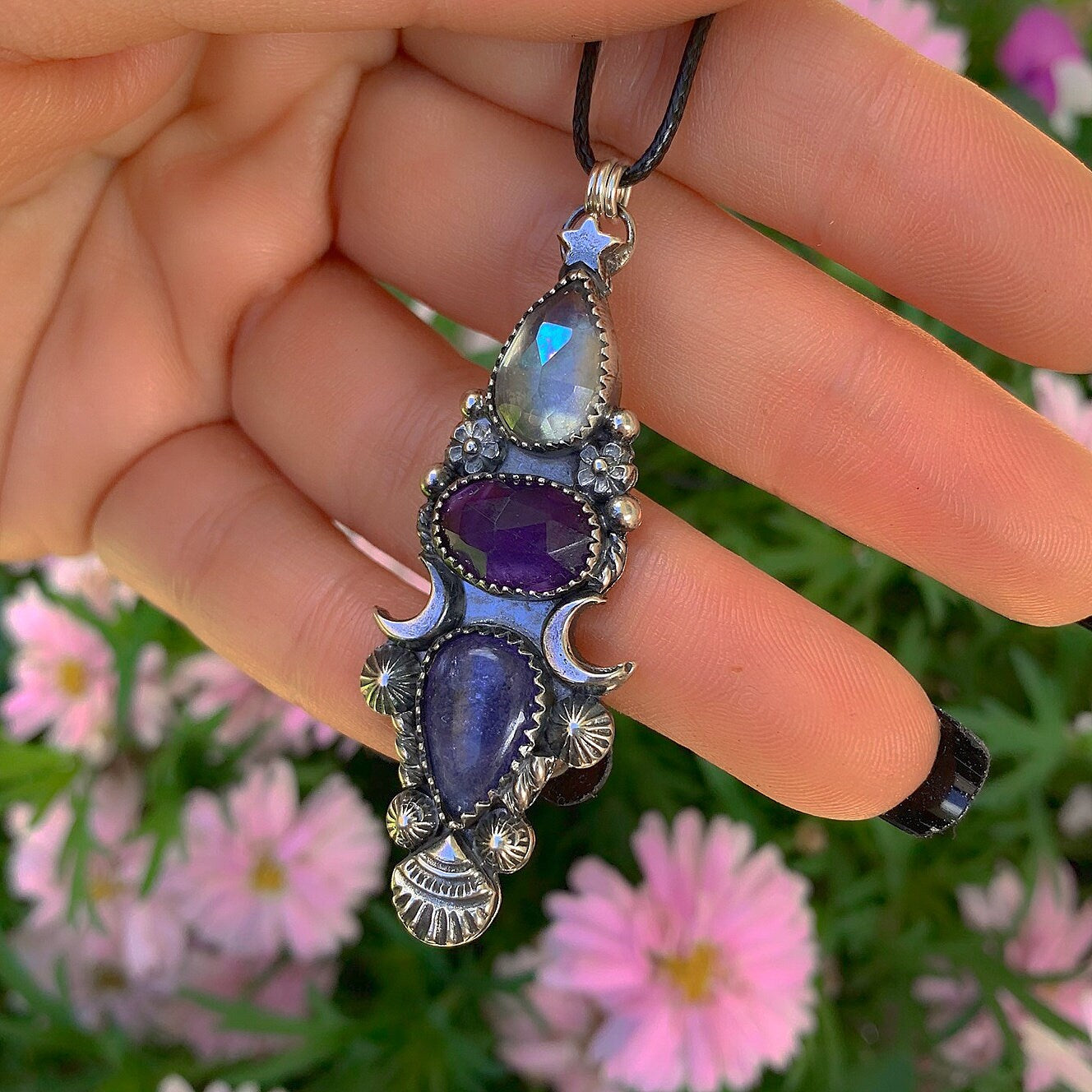 Rose Cut Angel Aura Quartz, Amethyst and Tanzanite Pendant - Sterling Silver - Triple Stone Moon Pendant - Star Tanzanite Amethyst Necklace