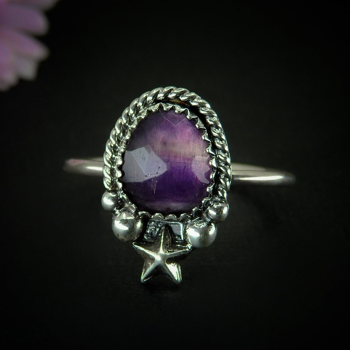 Rose Cut Fluorite Ring - Size 10 to 10 1/4 - Sterling Silver - Faceted Fluorite Jewelry - Purple Fluorite Star Ring - OOAK Dainty Flurorite