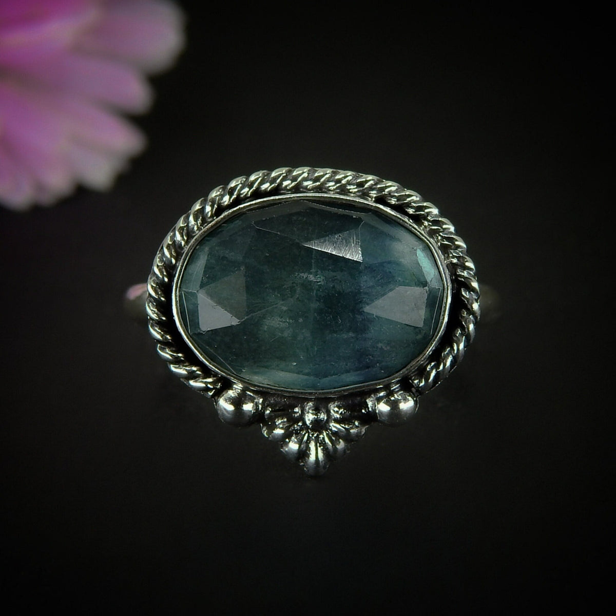 Rose Cut Fluorite Ring - Size 9 - Sterling Silver - Faceted Fluorite Jewelry - Green Fluorite Ring - OOAK Teal Flurorite Statement Jewellery