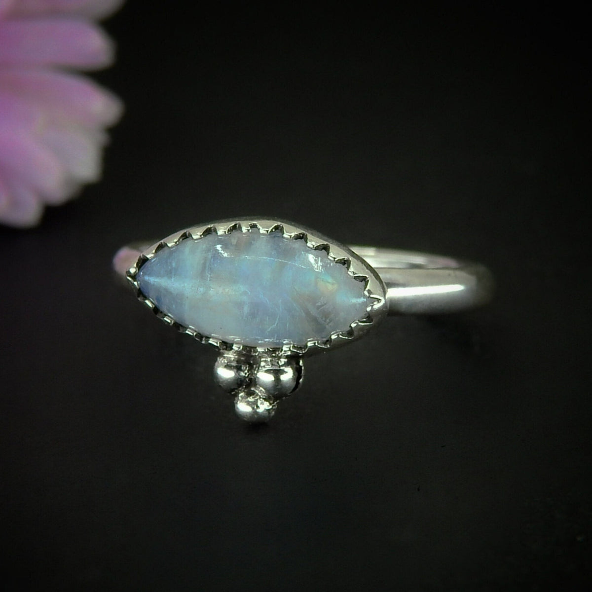 Moonstone Ring - Size 6 to 6 1/4 - Sterling Silver - Rainbow Moonstone Ring - Blue Moonstone Jewelry - OOAK Marquise Dainty Moonstone Ring