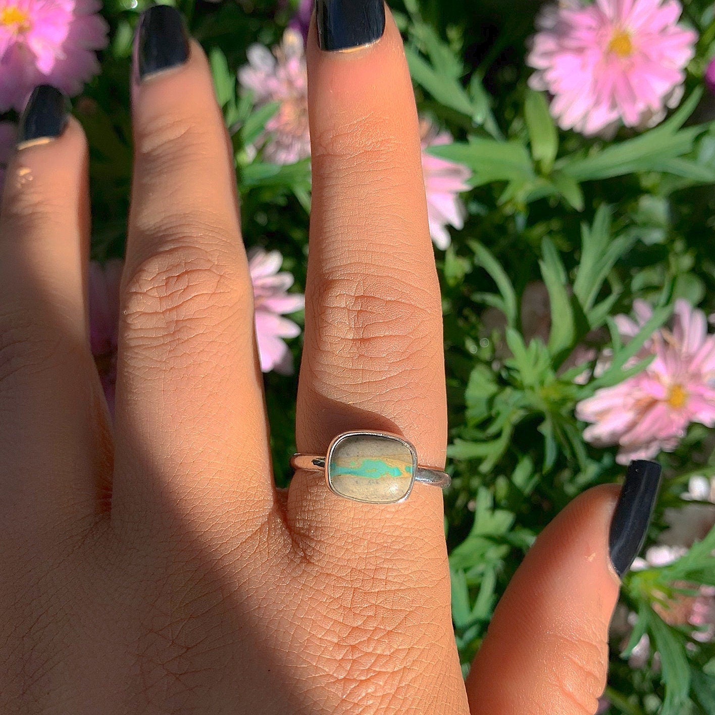 Royston Ribbon Turquoise Ring - Size 9 to 9 1/4 - Sterling Silver - Ribbon Turquoise Jewellery - Genuine Turquoise Ring - Blue & Brown