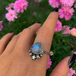 Faceted Moonstone Ring - Size 10 - Sterling Silver - Rainbow Moonstone Jewelry - Flashy Moonstone Jewellery - Star Ring Celestial OOK