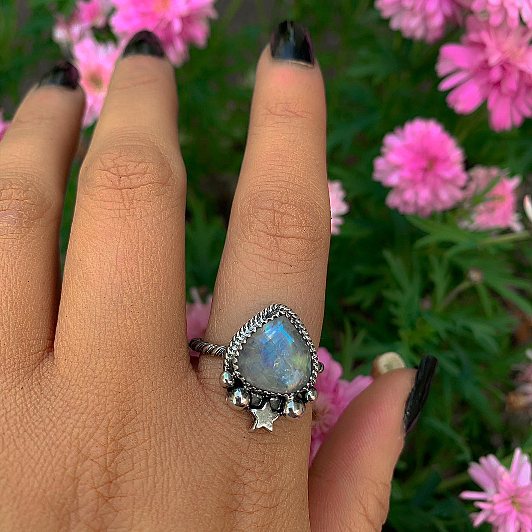 Faceted Moonstone Ring - Size 10 - Sterling Silver - Rainbow Moonstone Jewelry - Flashy Moonstone Jewellery - Star Ring Celestial OOK