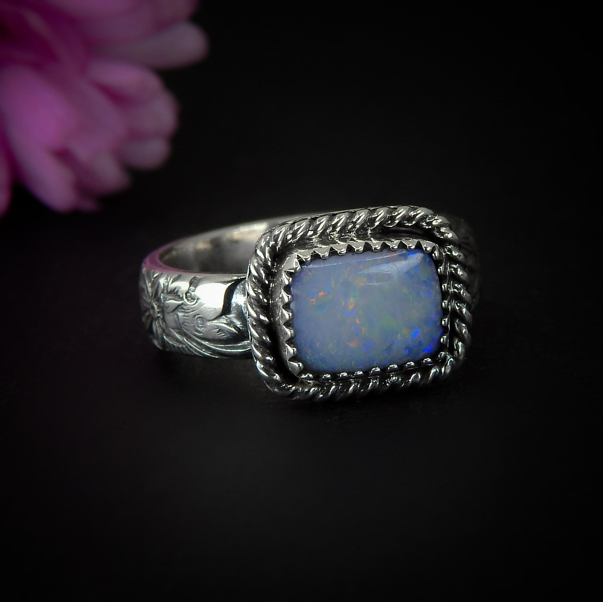 Australian Opal Ring - Size 6 1/4 - Sterling Silver - Lightning Ridge Opal Ring - Rainbow Opal Jewelry - Blue Opal - Thick Floral Band