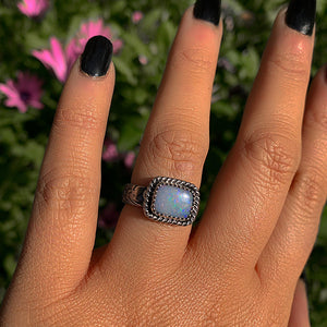 Australian Opal Ring - Size 6 1/4 - Sterling Silver - Lightning Ridge Opal Ring - Rainbow Opal Jewelry - Blue Opal - Thick Floral Band