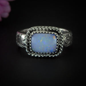 Australian Opal Ring - Size 6 1/4 - Sterling Silver - Lightning Ridge Opal Ring - Rainbow Opal Jewelry - Blue Opal - Thick Floral Band