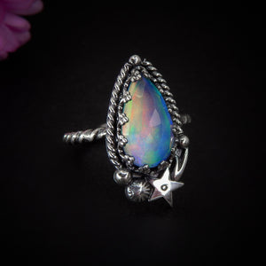 Rose Cut Clear Quartz & Aurora Opal Ring - Size 6 1/2 - Sterling Silver - Pastel Rainbow Opal Ring - Pink Purple Jewelry, Shooting Star Ring