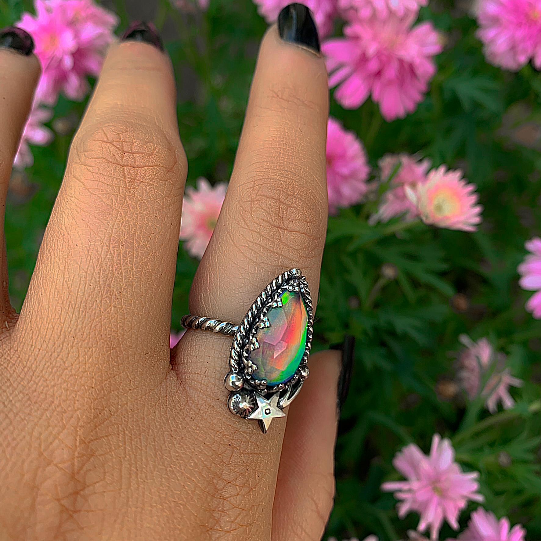 Rose Cut Clear Quartz & Aurora Opal Ring - Size 6 1/2 - Sterling Silver - Pastel Rainbow Opal Ring - Pink Purple Jewelry, Shooting Star Ring