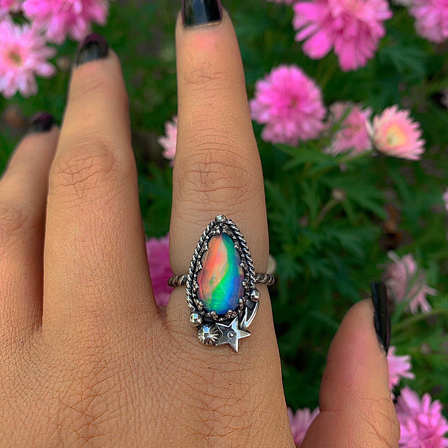 Rose Cut Clear Quartz & Aurora Opal Ring - Size 6 1/2 - Sterling Silver - Pastel Rainbow Opal Ring - Pink Purple Jewelry, Shooting Star Ring