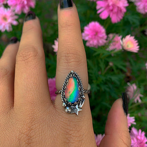 Rose Cut Clear Quartz & Aurora Opal Ring - Size 6 1/2 - Sterling Silver - Pastel Rainbow Opal Ring - Pink Purple Jewelry, Shooting Star Ring