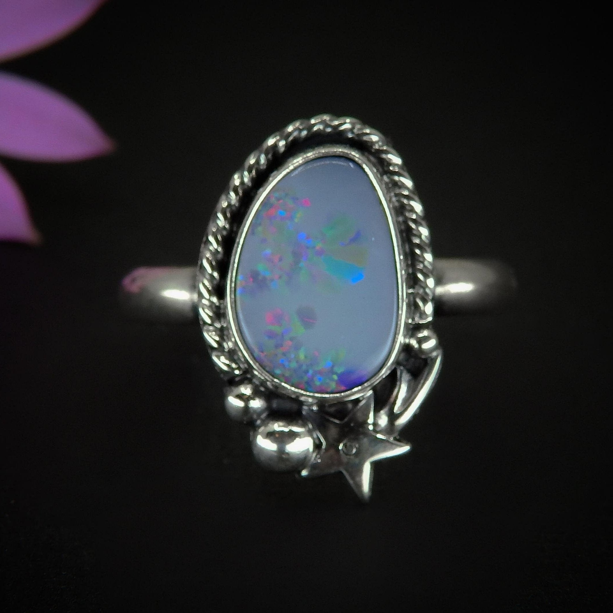 Australian Opal Ring - Size 10 - Sterling Silver - Lightning Ridge Opal Ring - Rainbow Opal Jewelry - Blue Opal Shooting Star Ring OOAK