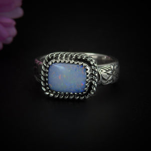 Australian Opal Ring - Size 6 1/4 - Sterling Silver - Lightning Ridge Opal Ring - Rainbow Opal Jewelry - Blue Opal - Thick Floral Band