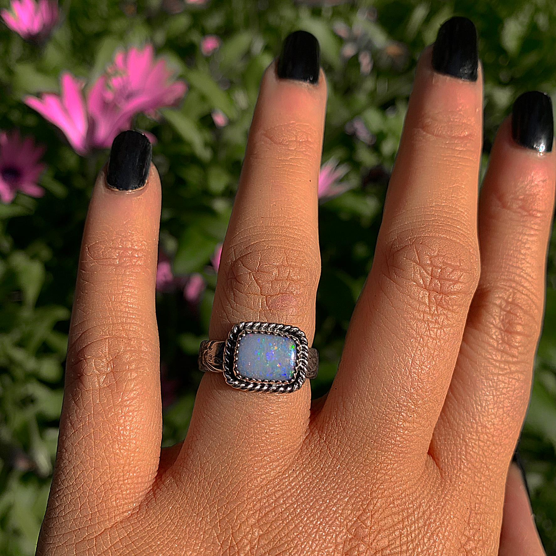 Australian Opal Ring - Size 6 1/4 - Sterling Silver - Lightning Ridge Opal Ring - Rainbow Opal Jewelry - Blue Opal - Thick Floral Band