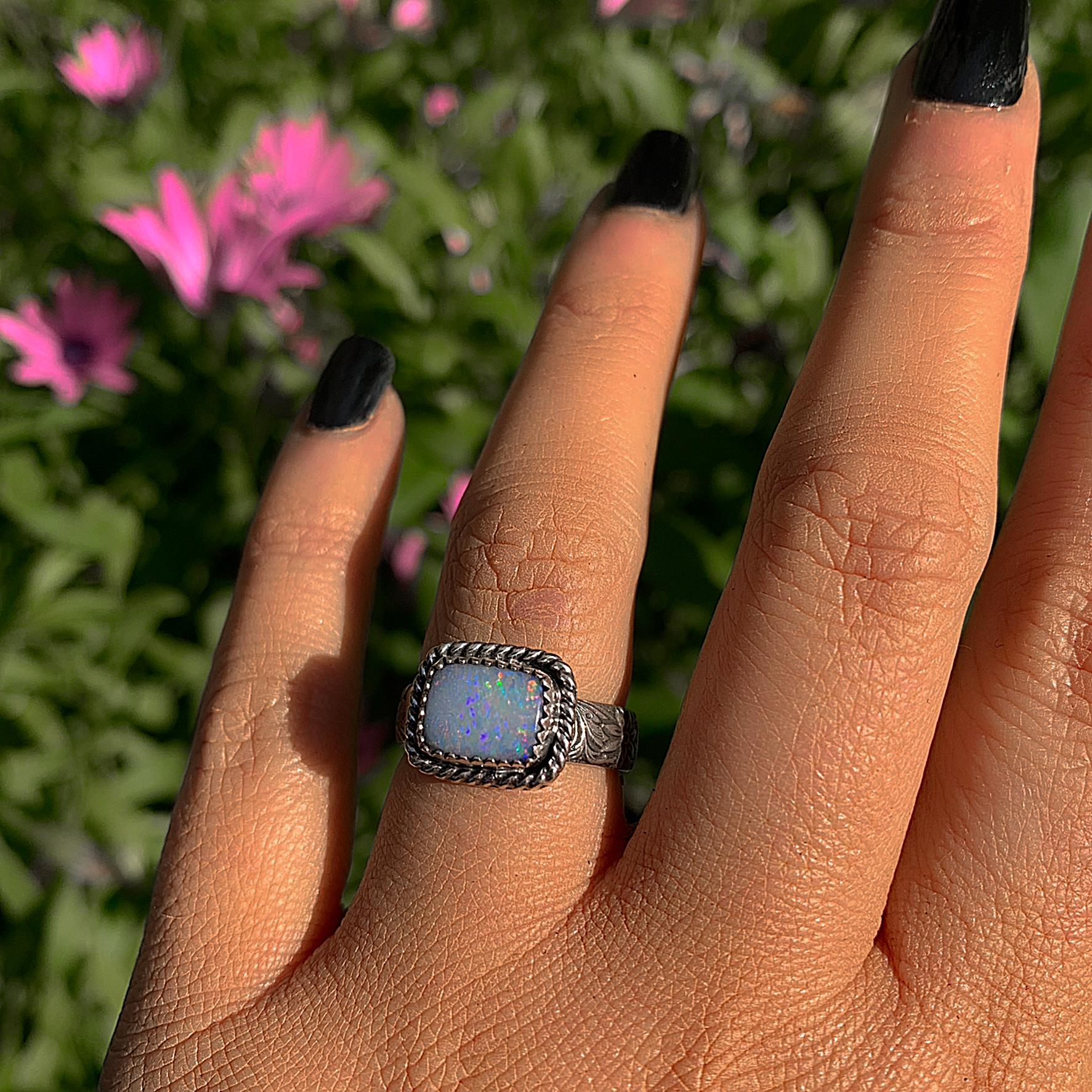 Australian Opal Ring - Size 6 1/4 - Sterling Silver - Lightning Ridge Opal Ring - Rainbow Opal Jewelry - Blue Opal - Thick Floral Band