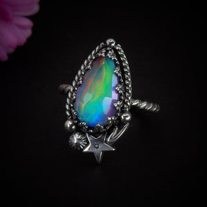 Rose Cut Clear Quartz & Aurora Opal Ring - Size 6 1/2 - Sterling Silver - Pastel Rainbow Opal Ring - Pink Purple Jewelry, Shooting Star Ring