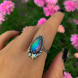 Rose Cut Clear Quartz & Aurora Opal Ring - Size 6 1/2 - Sterling Silver - Pastel Rainbow Opal Ring - Pink Purple Jewelry, Shooting Star Ring