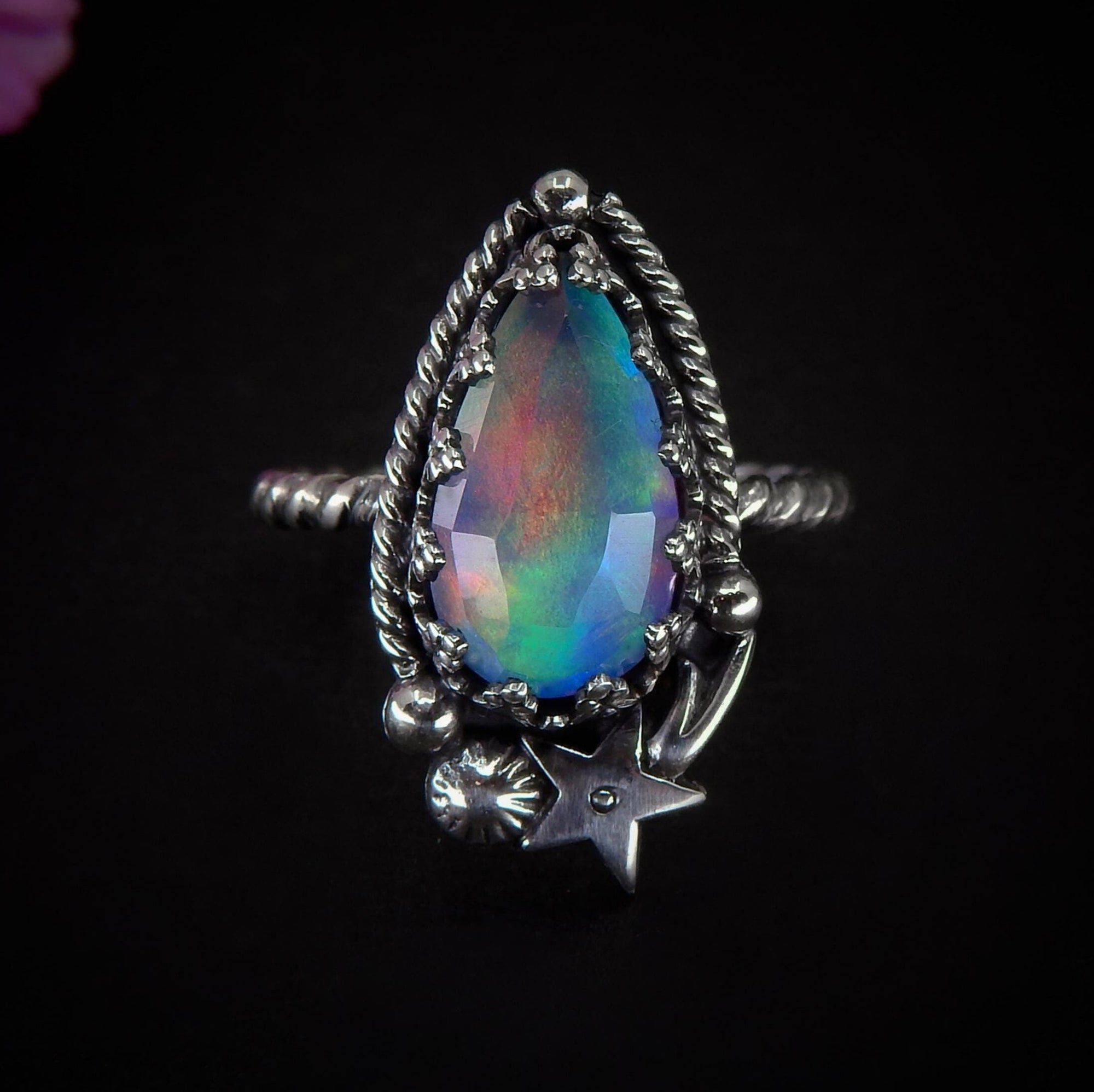 Rose Cut Clear Quartz & Aurora Opal Ring - Size 6 1/2 - Sterling Silver - Pastel Rainbow Opal Ring - Pink Purple Jewelry, Shooting Star Ring