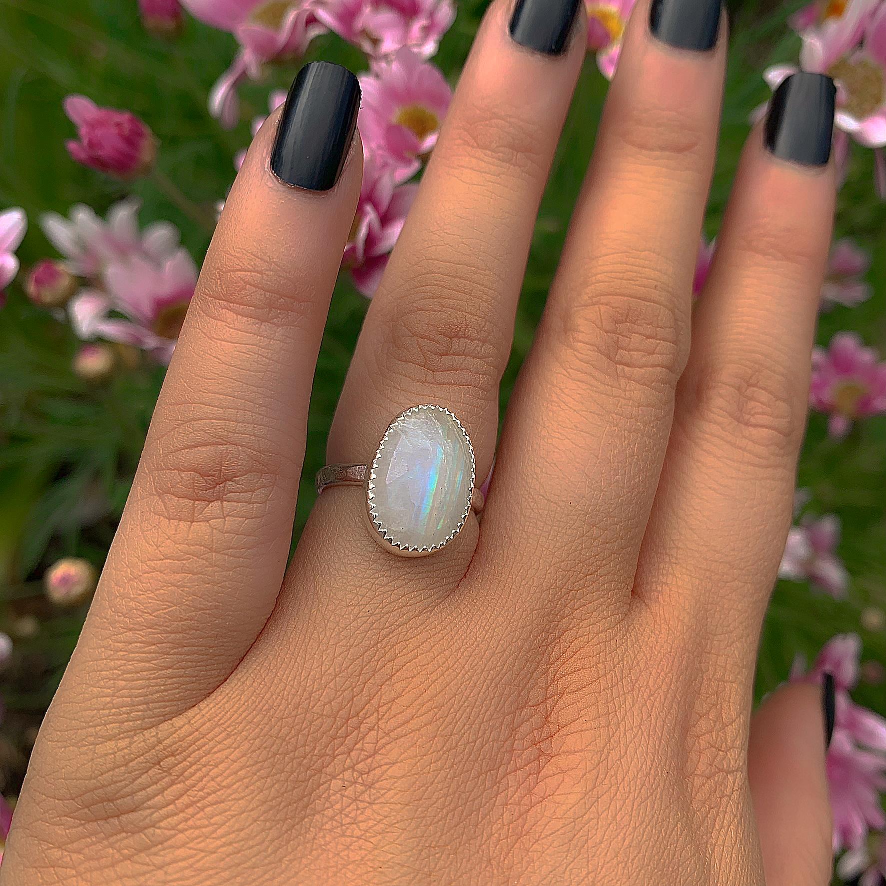 Rose Cut Moonstone Ring - Size 6 - Sterling Silver - Flashy Moonstone Jewellery - Faceted Moonstone Jewelry, Rainbow Moonstone Handmade Ring