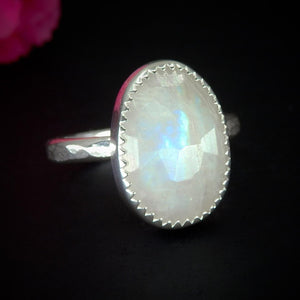 Rose Cut Moonstone Ring - Size 6 - Sterling Silver - Flashy Moonstone Jewellery - Faceted Moonstone Jewelry, Rainbow Moonstone Handmade Ring