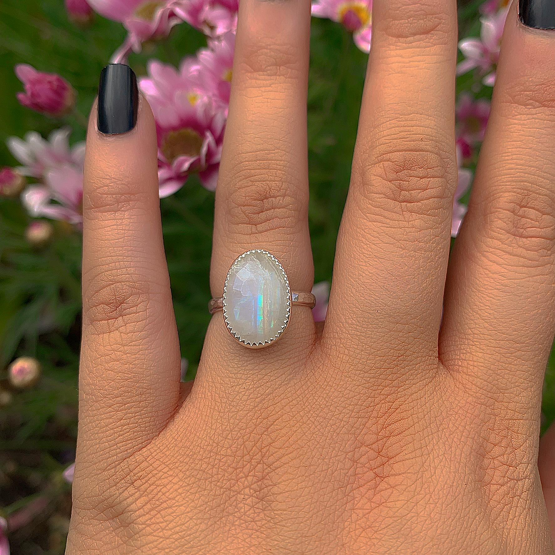 Rose Cut Moonstone Ring - Size 6 - Sterling Silver - Flashy Moonstone Jewellery - Faceted Moonstone Jewelry, Rainbow Moonstone Handmade Ring