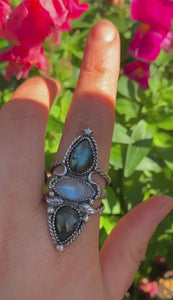 Labradorite, Moonstone & Moss Agate Ring - Size 9 1/4