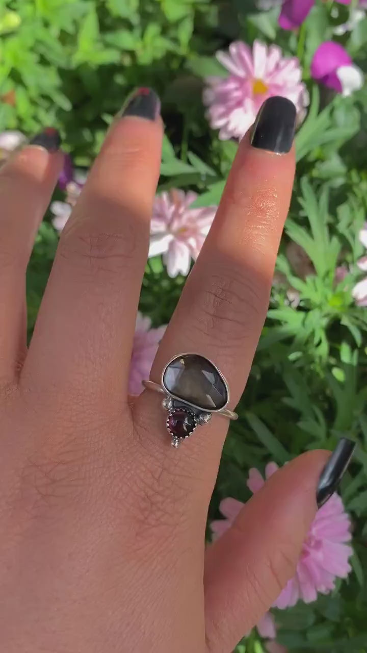 Rose Cut Smoky Quartz & Rhodolite Garnet Ring - Size 8 1/4