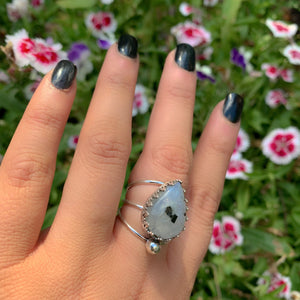 Moonstone & Black Tourmaline Ring - Size 6.5 