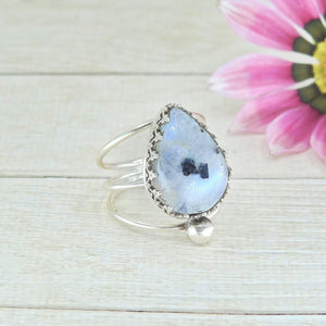 Moonstone & Black Tourmaline Ring - Size 6.5 