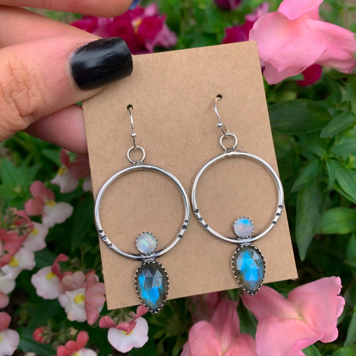 Labradorite & Moonstone Hoop Earrings - Sterling Silver 