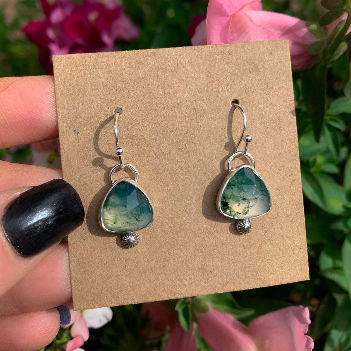 Rose Cut Moss Agate Earrings - Sterling Silver 