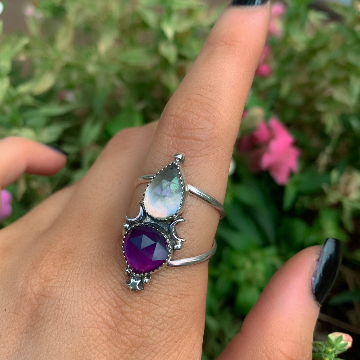 Rose Cut Amethyst & Angel Aura Quartz Ring - Size 10 1/4 - Sterling Silver - Amethyst Ring - Moon Ring - Star Jewellery - Faceted Amethyst