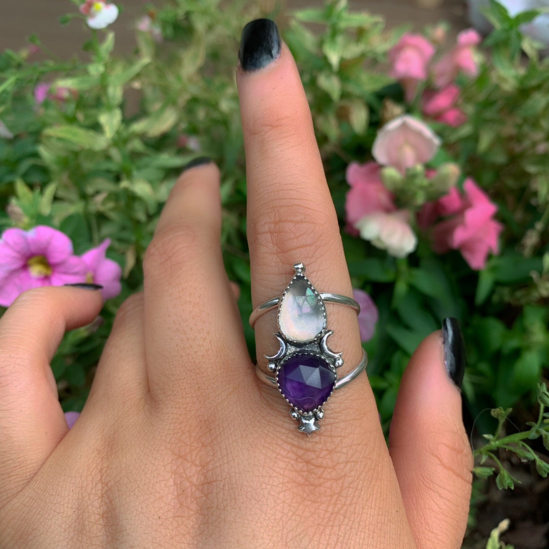 Rose Cut Amethyst & Angel Aura Quartz Ring - Size 10 1/4 - Sterling Silver - Amethyst Ring - Moon Ring - Star Jewellery - Faceted Amethyst