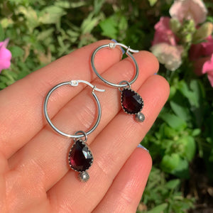 Rose Cut Rhodonite Garnet Earrings - Sterling Silver - Faceted Garnet Hoop Earrings - Garnet Sleeper Earrings, Pink Garnet Hoops, Red Garnet