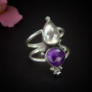 Rose Cut Amethyst & Angel Aura Quartz Ring - Size 10 1/4 - Sterling Silver - Amethyst Ring - Moon Ring - Star Jewellery - Faceted Amethyst