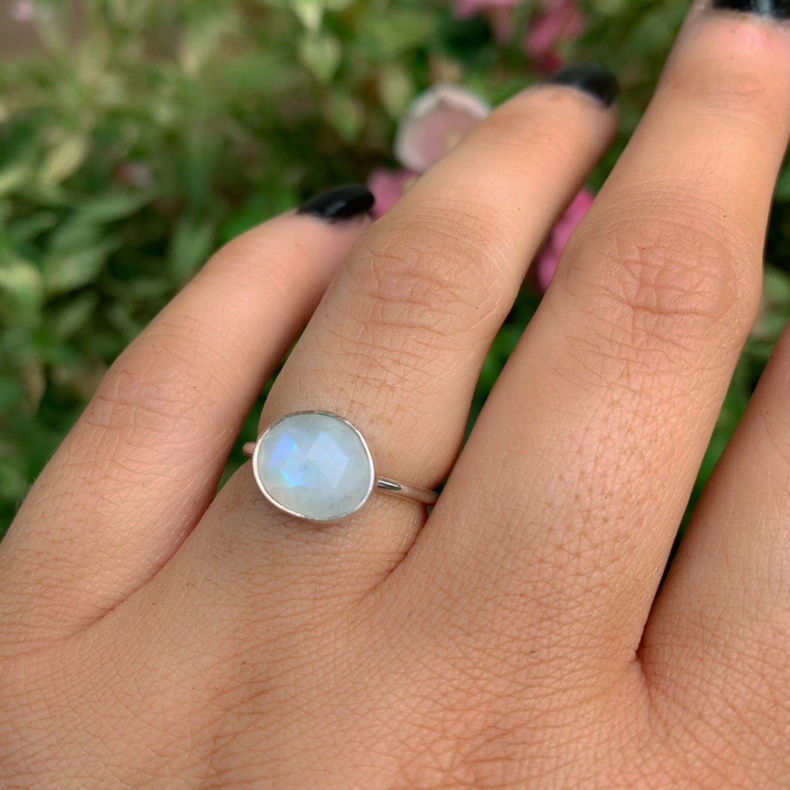 Rose Cut Moonstone Ring - Size 5 1/4 - Sterling Silver - Faceted Moonstone Ring - Dainty Rainbow Moonstone Ring - Oval Moonstone Jewellery