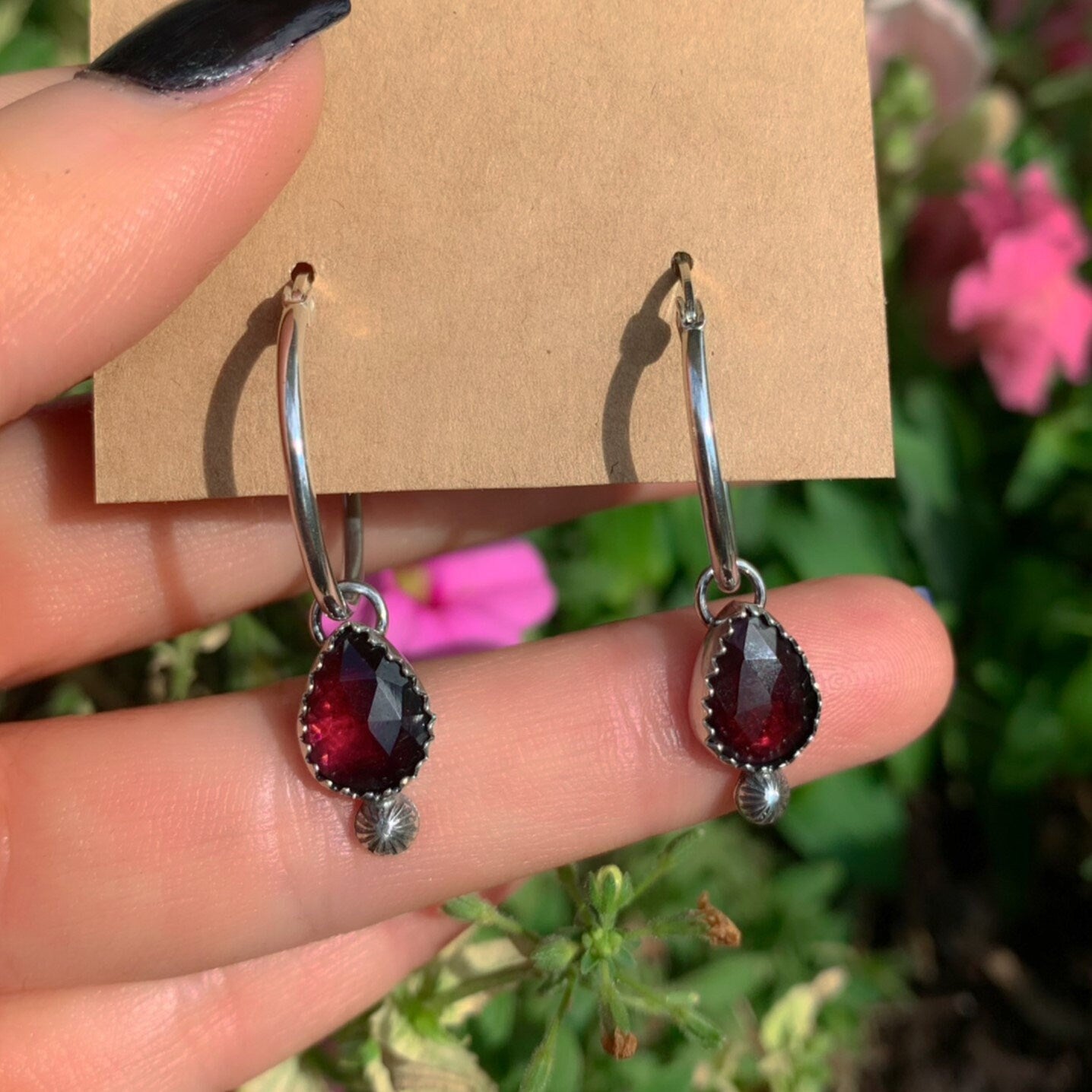 Rose Cut Rhodonite Garnet Earrings - Sterling Silver - Faceted Garnet Hoop Earrings - Garnet Sleeper Earrings, Pink Garnet Hoops, Red Garnet