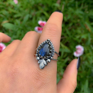 Labradorite Ring - Size 10 1/4 - Sterling Silver - Blue Labradorite Ring - Teardrop Labradorite Statement Ring - Labradorite Flower Ring
