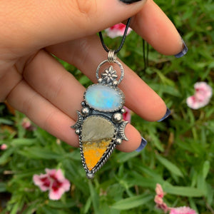 Moonstone & Bumblebee Jasper Pendant - Sterling Silver - Moonstone Necklace - Double Stone Moon Pendant - Rainbow Moonstone Bumblebee Jasper