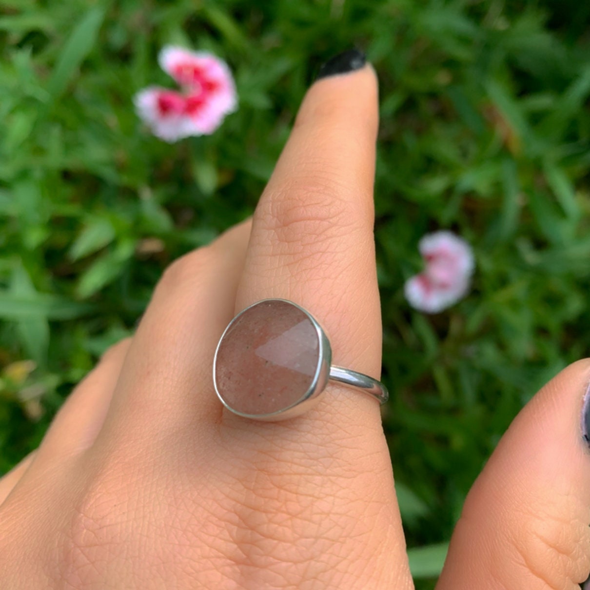 Rose Cut Strawberry Quartz Ring - Size 9 1/2 to 9 3/4 - Sterling Silver - Faceted Strawberry Quartz Jewellery - Pink Gemstone Statement Ring