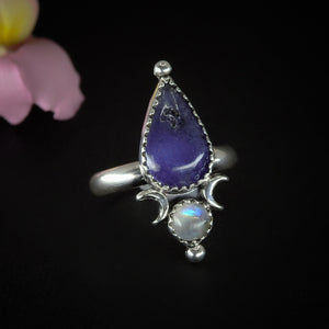 Tanzanite & Moonstone Ring - Size 7 to 7 1/4 - Sterling Silver -Teardrop Tanzanite Ring - Crescent Moon Ring, Double Stone Ring, Multi Stone