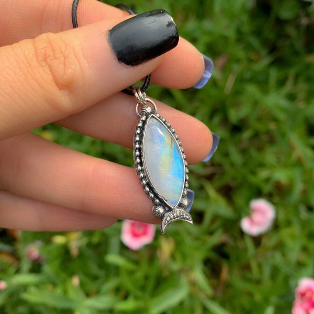 Marquise Moonstone Pendant - Sterling Silver - Large Moonstone Pendant - Rainbow Moonstone Jewellery - Moonstone Statement Necklace - Flashy