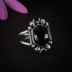 Rose Cut Black Onyx Ring - Size 9 1/4 - Sterling Silver - Hexagonal Onyx Ring - Faceted Onyx Moon Ring, Black Gemstone Crescent Moon Jewelry