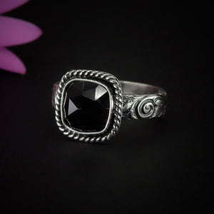 Rose Cut Black Onyx Ring - Size 10 1/4 - Sterling Silver - Square Black Onyx Ring - Thick Band Onyx Jewellery - Black Gemstone Ring - OOAK